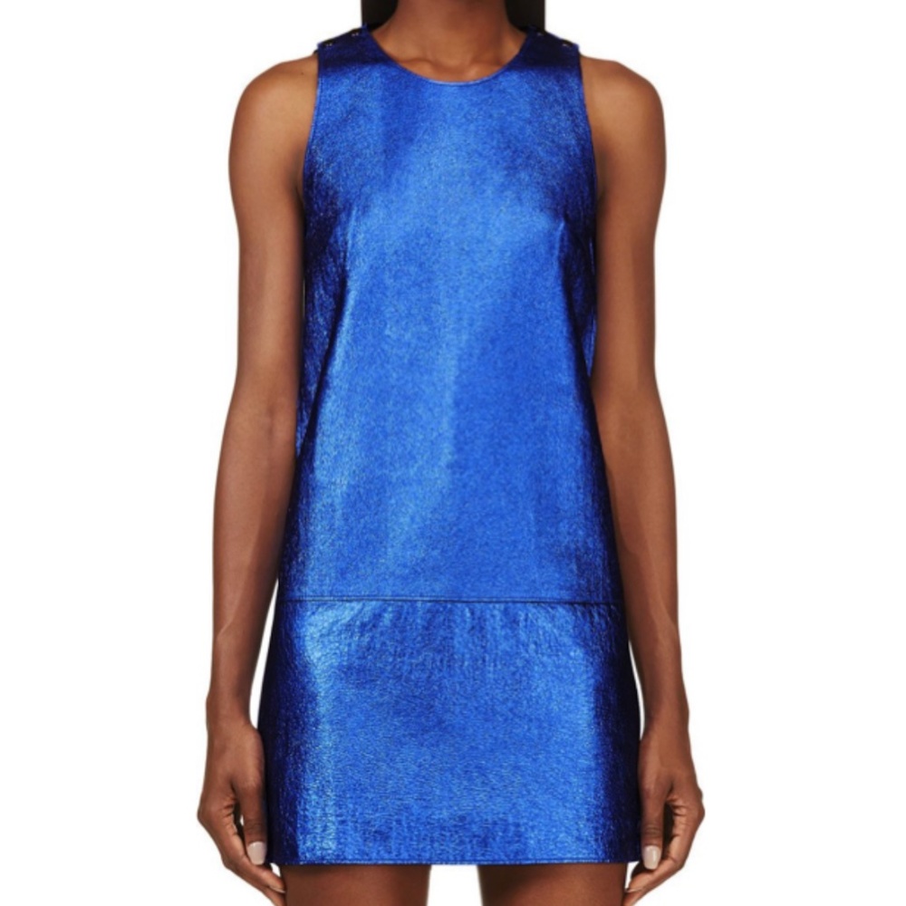 3.1 Phillip Lim Metallic Blue & Black Leather Shift Dress,